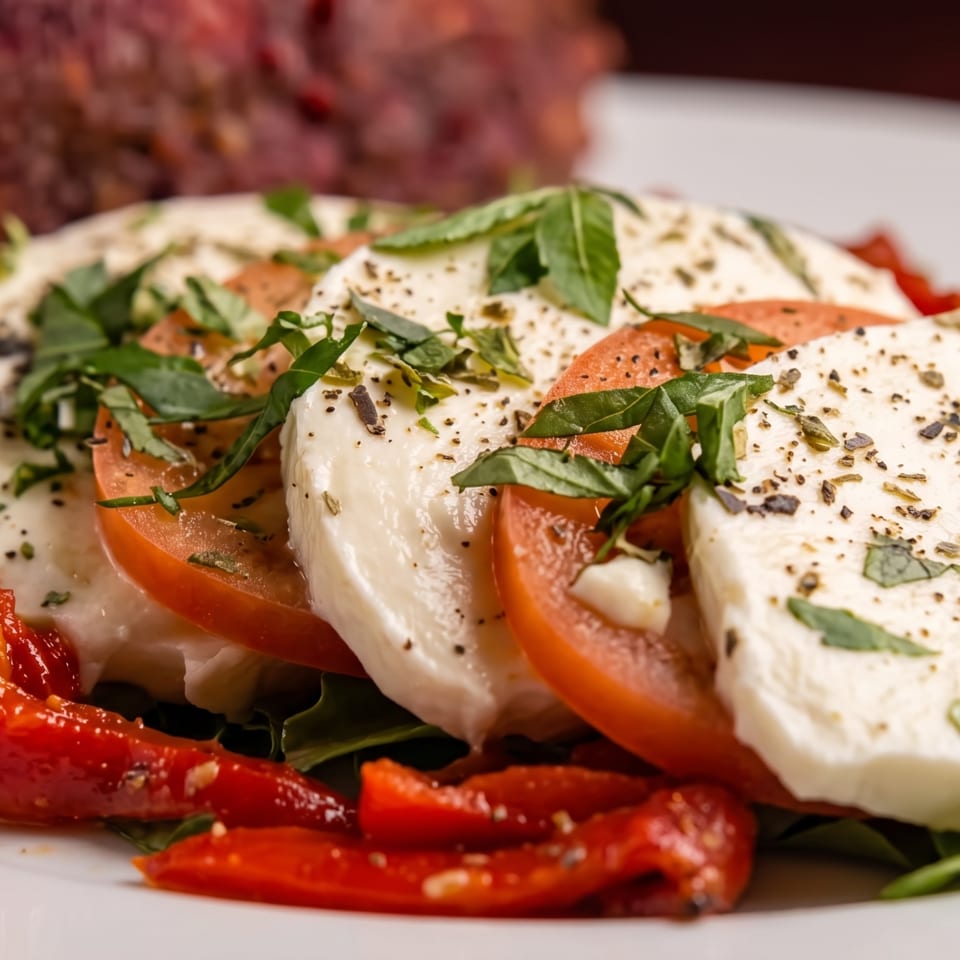 Fresh Caprese salad with mozzarella, tomatoes, basil, and roasted red peppers on a white plate.