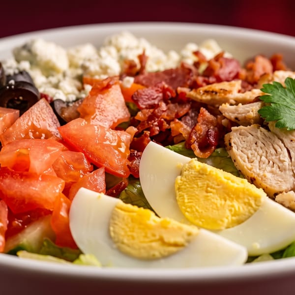 Fresh Cobb salad with grilled chicken, bacon, tomatoes, olives, blue cheese, and hard-boiled eggs.