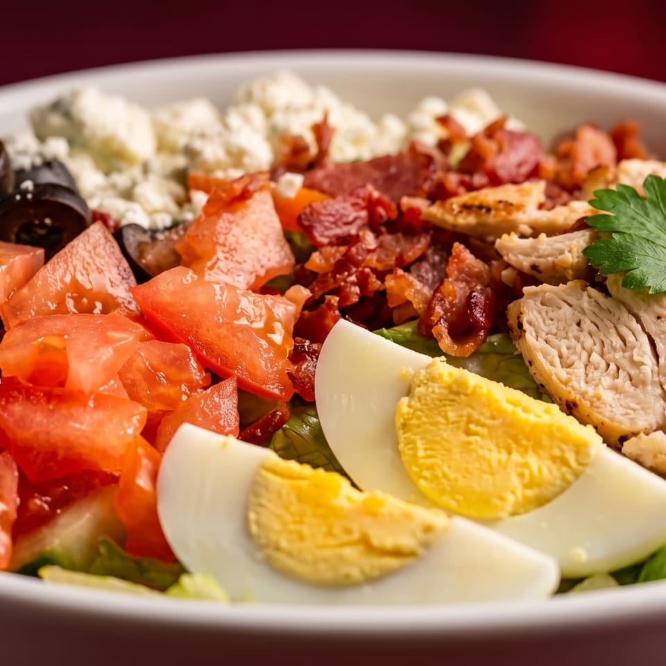 Fresh Cobb salad with grilled chicken, bacon, tomatoes, olives, blue cheese, and hard-boiled eggs.