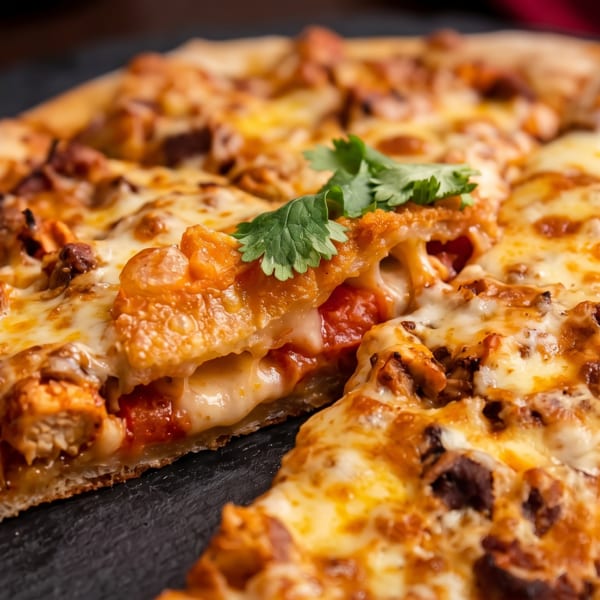 Chicken pizza with melted cheese and cilantro, a slice lifted revealing a cheesy pull.