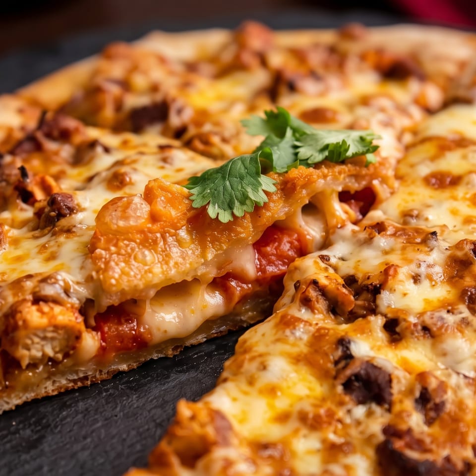 Chicken pizza with melted cheese and cilantro, a slice lifted revealing a cheesy pull.