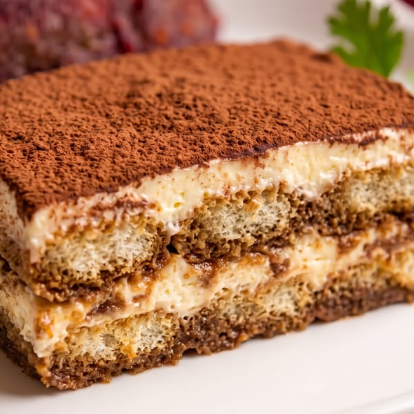 Layered tiramisu dessert topped with cocoa powder on a white plate.