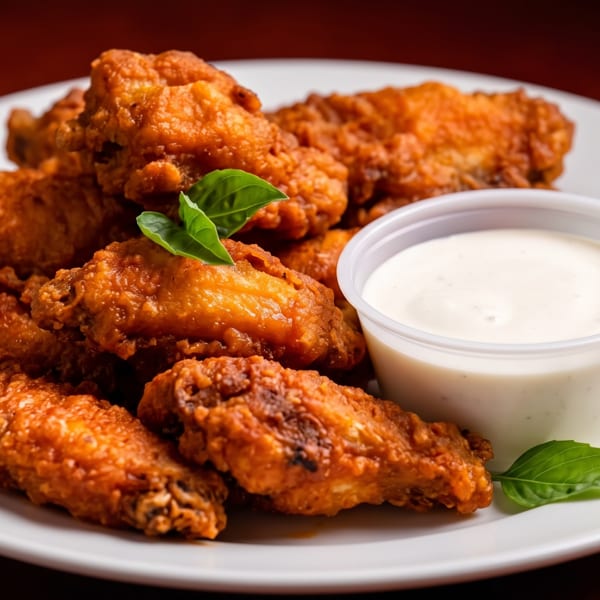 Plate of crispy fried chicken wings with a side of creamy dipping sauce and fresh basil.