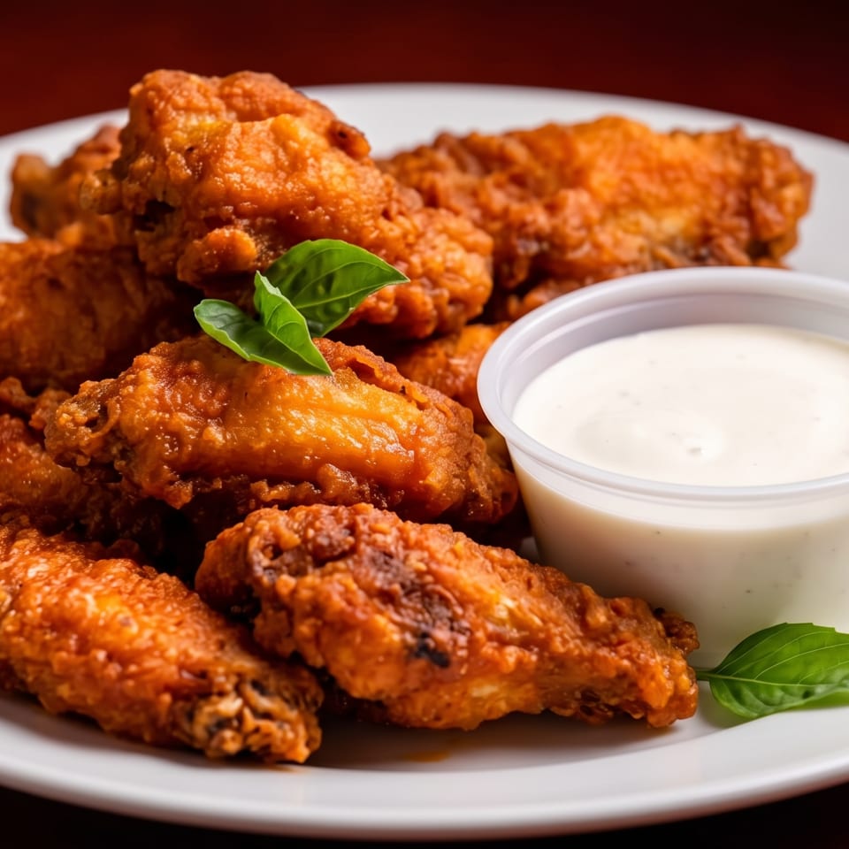 Plate of crispy fried chicken wings with a side of creamy dipping sauce and fresh basil.