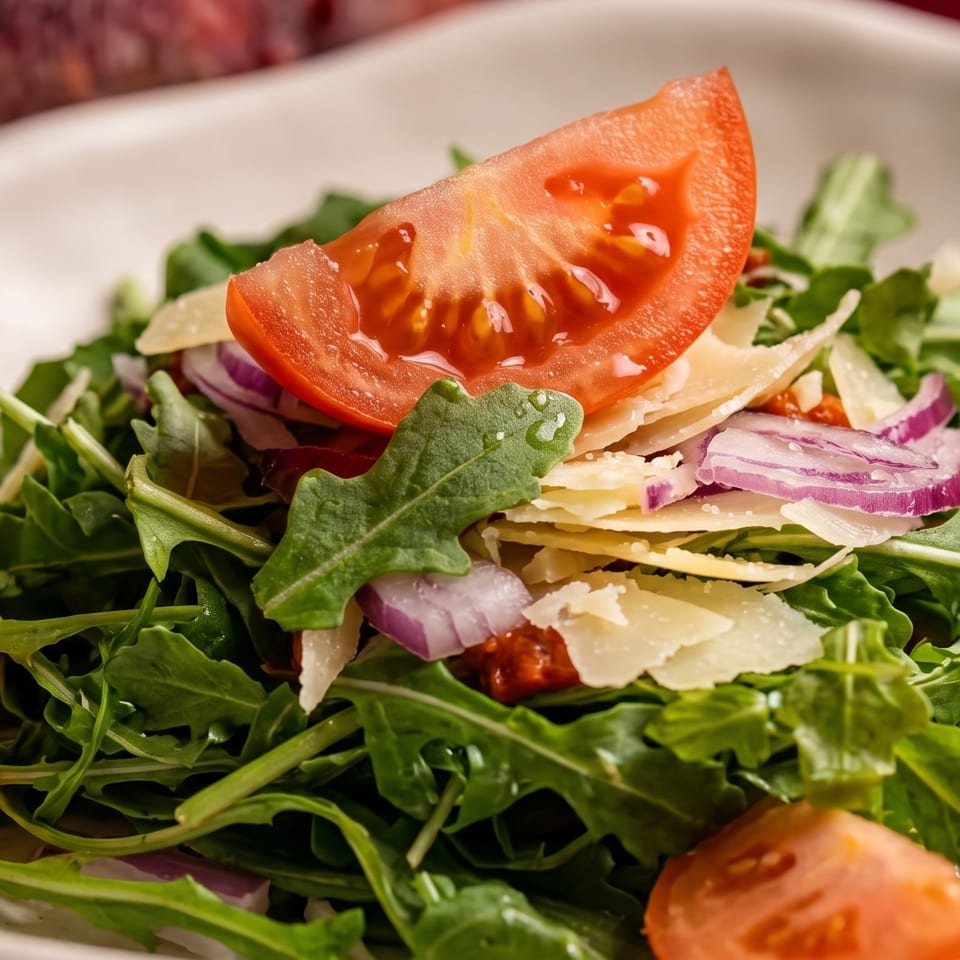 Fresh arugula salad with tomato wedges, red onion, and Parmesan cheese in a white dish.