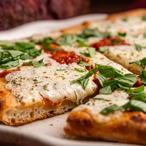 Sliced Margherita pizza with melted mozzarella, tomato sauce, and fresh basil on a white plate.