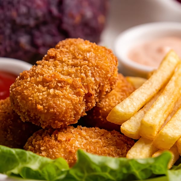 Crispy chicken nuggets and golden french fries served with ketchup and a creamy sauce on lettuce.