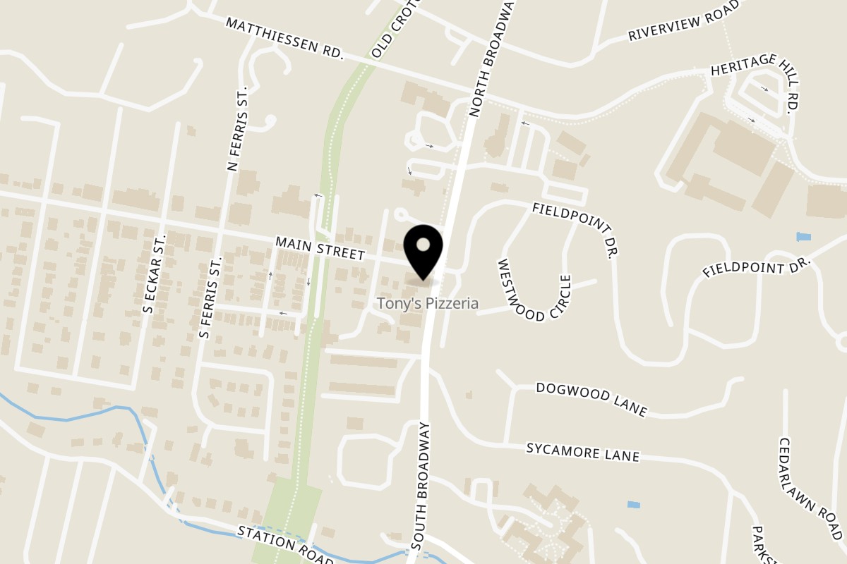 Map showing the location of Tony's Pizzeria on 2 S Broadway in Irvington